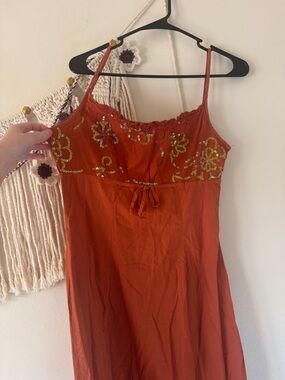 Rust Orange Embellished Spaghetti Strap Dress